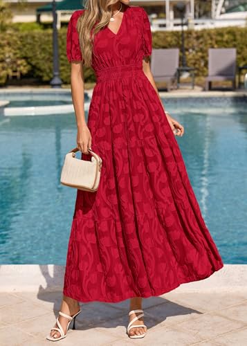 Image of KIRUNDO Summer Dresses for Women 2026 Boho Flowy Casual Short Sleeve V Neck Elastic Waist Floral Long Baby Shower Maxi Dress