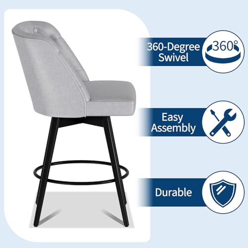 Set de 2 Butacos Modernos Giratorios de Barra - Sillas de 26'' con Respaldo - Tapizado en Lino Gris Claro, Asiento Cómodo, Reposapiés de Hierro Resistente - Ideal para Isla de Cocina y Bar Hogareño miniatura 3