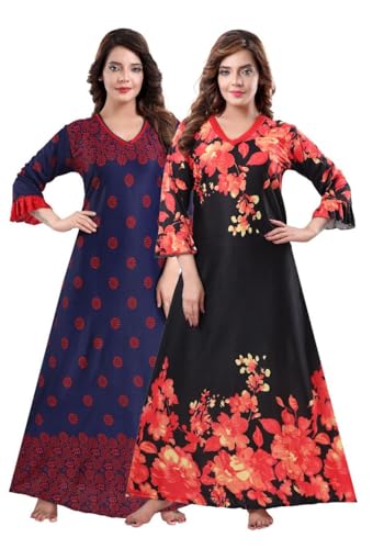 Image of Fabme Women's Crepe Printed Flare Nighty with Long Sleeves /Night Gown /Nightwear /Maxi - Value Combo