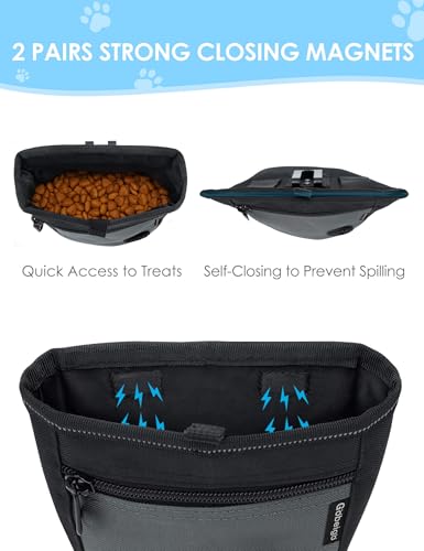Gobeigo Hunde Leckerlibeutel und Training-Clicker, Zwei magnetische Verschlüsse gegen Verschütten, 2-Tassen Leckerlitasche mit Hundekotbeutel-Spender, Metall-Clip Gürteltasche für Hundespaziergang