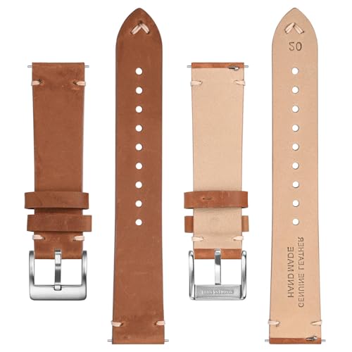 BISONSTRAP Bracelet de Montre en Cuir Vieilli, Bracelets de Rechange pour Hommes, Dégagement Rapide, 20mm, Marron Caramel (Boucle Argentée) – vue 3
