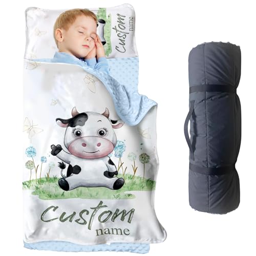 TOOTANN Custom Farm Animal Nap Mat for Toddlers, Personalized Baby Cow Sleeping Bag with Nap Blanket, Daycare Roll Up Nap Mat for Preschool Use