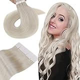 Hetto Blond Tape Extensions Echthaar Tape in Haarverlangerung Remy Human Hair Tape in Extensions Platinblond Menschlich Haar 50g 55 cm