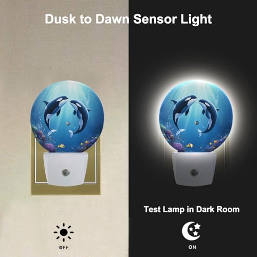 Image of Whale Night Light Undersea Killer Whales Blue Ocean Sea Coastal LED Dusk to Dawn Plug-in Nightlight Auto Sensor for Bedroom Bathroom Hallway Living Room