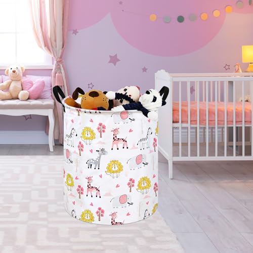 Image of Kids Laundry Hamper Clothes Gift Basket Storage Laundry Baskets Organizer Bin with Handles for Nursery Room (Pink Zoo)