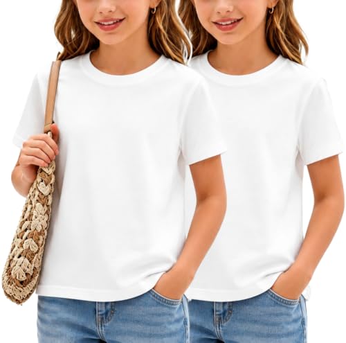 Yitoco 2 Pack Girls Short Sleeve Cotton T Shirts Kids Casual Crewneck Short Sleeve Summer Basic Tee Tops 5-16 Years (White/White, 15-16 Years, YOSH01-W/W+2-160+)