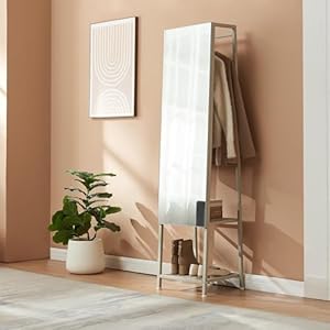 [en.casa] Standspiegel Ganzkörperspiegel Klilbojle 2-in-1 Garderobenspiegel mit Kleiderständer mit 2 Ablagen 160 x 40 x 35 cm eckig Kleiderstange Schlafzimmer Sandfarben