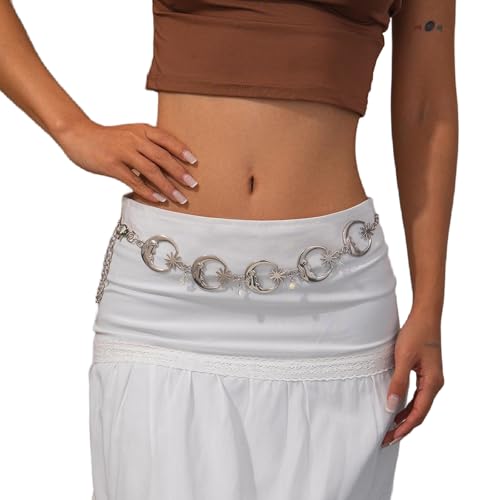 Metal Link Chain Belly Belt,Silver Sun Moon Pendant Waist Chain Belt,Summer Sunflower Waist Jewelry,Stars Waist Belt for Women Dress Pants3