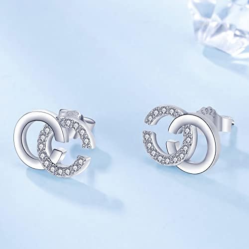 Lydreewam 925 Sterling Silver Letter Double C Earrings for Women with 3A Cubic Zirconia, Diameter 12mm