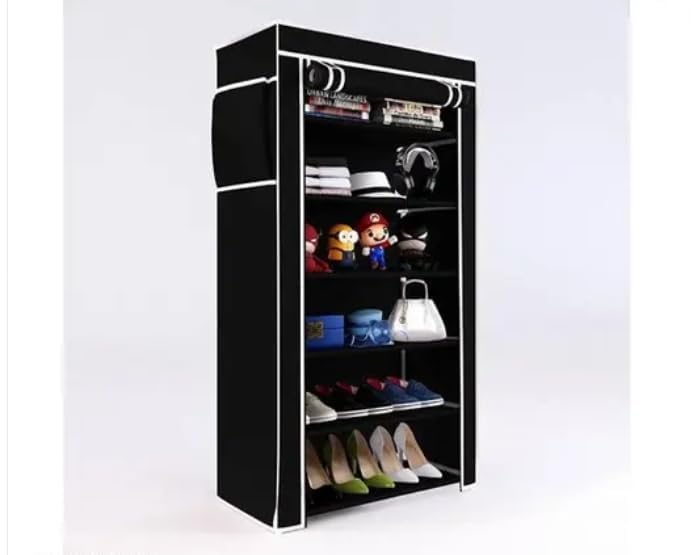 Image of Portable Fabric Wardrobe with Dustproof Cover, 6-Tier Storage Organizer with Shoe Rack, Foldable Space-Saving Closet for Bedroom & Home, Black