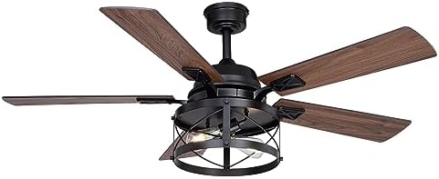 VAXCEL Elburn 52 in. Black Indoor Rod Mount Farmhouse Ceiling Fan with Reversible Dark Bronze-Walnut Blades, Dimmable LED Light Kit and Remote Control Included, 3 Speeds, Wire Cage Drum Shade