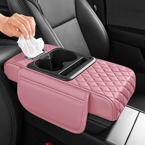 AuraSettle 5 in 1 Car Center Console Cover, Armrest Pad with 2 Storage Pockets, Cup Holder, Tissue Box Slot, Phone Holder, Universal Car Interior Organizer (Pink)