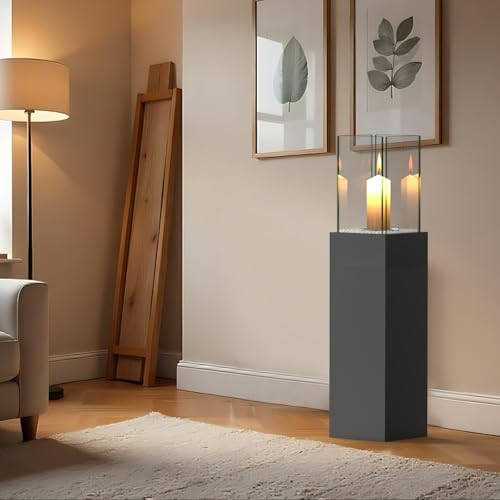 Delemopure 4-in-1 Windlicht Säule Hoch 89 cmTerressenfeuer fur Indoor und Outdoor,Deko Laterne mit Deko-Steine,Tischfeuer Windlicht StandKamin und pflanzkübel bodenvase groß All in One (Schwarz)