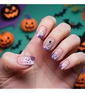 Purple Halloween Press on Nails Short Square Nude Glitters Fake Nails with Designs Spider Web Fre...