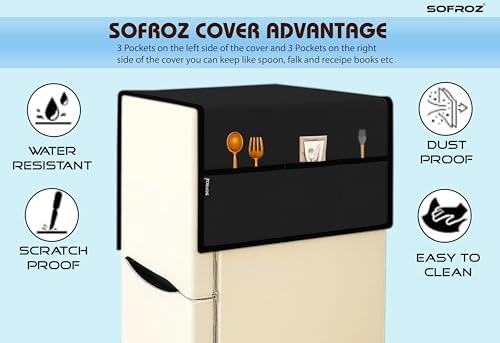 Image of Refrigerator Single Door Waterproof, Dustproof, Protective Cover for Fridges with Extra Storage Space Nylon Top Cover with 6 Storage Pockets (130 x 54 cm) (Black)
