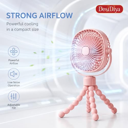 Image of Desidiya Rechargeable Mini Fan with Flexible Tripod, USB-C, Pink | 4000mAh rechargeable mini fan with flexible tripod, USB-C charging and 3 speed cooling for home & travel.