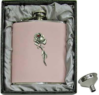 6oz "Long Rose" Pastel Pink Genuine Leather Flask in Deluxe Gift Box with a Funnel
