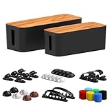 Cable Management Box 2 Pack with 16 Cable Clips Set-Large & Medium & Small Wooden Style Cable Organizer Box to Hide Wires&Power Strips | Cord Organizer Box | Cable Organizer for Home & Office [Black]