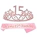 15th Birthday Tiara and Sash Pink| Happy 15th Birthday Party Supplies| Crystal Tiara Birthday Crown for 15th Birthday Party Supplies and Decorations (Pink)