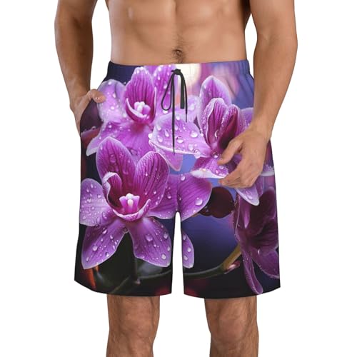 Men's Swim Trunks Quick Dry Bathing Suits Purple Flower Beach Board Shorts Swimwear with Pockets