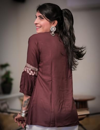 Image of Women's Viscose Rayon Embroidered A-Line Short Kurti Above Knee Regular Fit Tunic Top Office Wear Casual short kurti for women | office wear top | A-line kurti | raksha bandhan gift dress for women