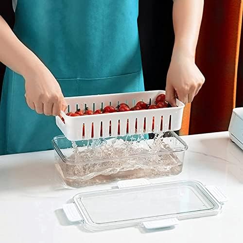 Jucoan 2 Pack Produce Saver Container with Drain Basket, 2L and 3.5L Fridge Fruits Vegetable Storage Organizer, Time Setting Refrigerator Containers for Meat, Fish, Food, White