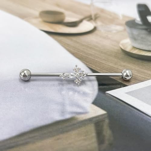 14G CZ Cross Industrial Barbell Earrings for Women 316L Stainless Steel Cartilage Earrings 38mm Industrial Bar Industrial Piercing Jewelry3