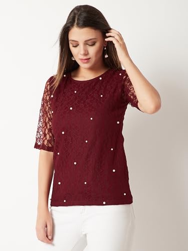 Image of Miss Chase Women's Round Neck Half Sleeves Cotton Lace and Pearl Detailing
