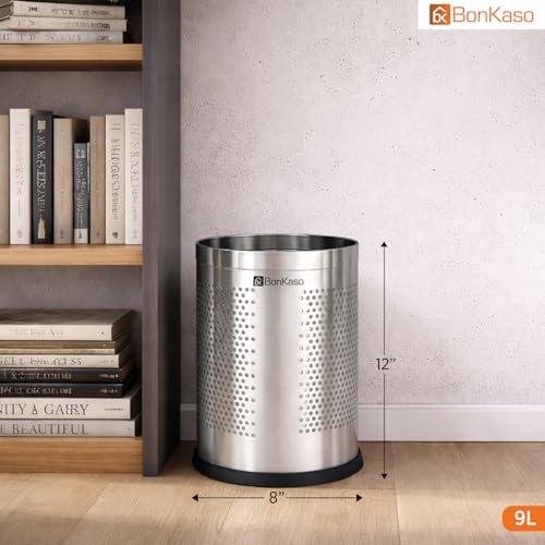 Image of Bonkaso 9L Stainless Steel Perforated Dustbin (8x12 Inch), Open Top Trash Bin Without Lid, Rust Proof & Durable Garbage Can for Home, Kitchen, Bathroom & Office Use, Silver Finish