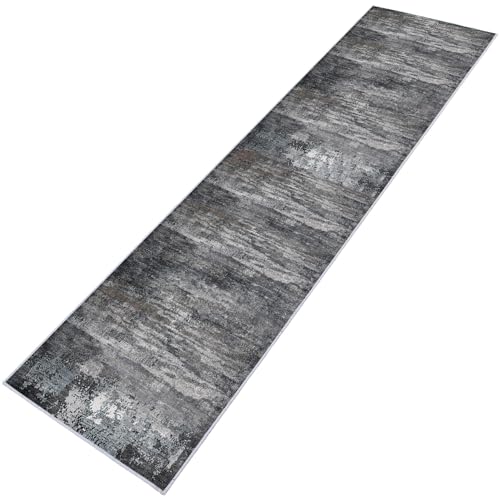 TUOJINRUIDA Alfombra moderna abstracta negra y gris de 2 pies 7 pulgadas x 12 pies (80 x 360 cm), antideslizante, resistente a las manchas, alfombra de interior duradera para pasillo, entrada, cocina