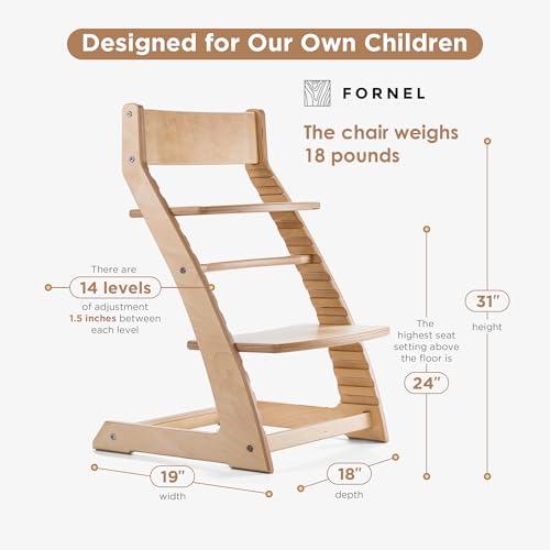 Image of FORNEL Scandinavian Wooden High Chair for Toddlers & Kids | Adjustable Grow-with-Me Montessori Seat for Dining Table | Natural Wood Finish Convertible Highchair
