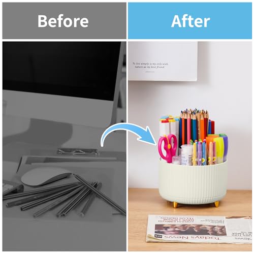 Image of Marbrasse Desk Organizer, 360-Degree Rotating Pen Holder, 5-Compartment Pencil Organizer, Art Supply Storage Box Caddy for Office and Home (Ivory)