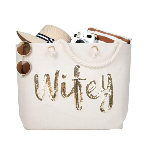 ELEGANTPARK Wifey Tote Bridal Shower Gift Wedding Bride Gifts Honeymoon Anniversary Wedding Beach Bag Jute Bag with Gold Sequin Interior Pocket