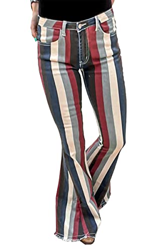 Tacstrun Women's Casual High Waist Bell Bottom Jeans Striped Printed Hem Raw Flare Denim Pants,Multicolor,Small #TOP1