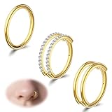 davka 3PCS 18G Gold Nose Ring Double CZ Hoops Set, 14K Gold Plated for Women Men, Hinged Clicker for Nostril/Septum/Cartilage Piercings
