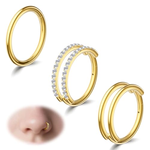 davka 3PCS 14K Gold Plated Nose Rings 18G 8mm Hinged Hoop Set