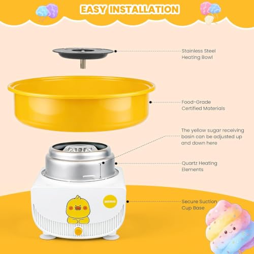 Image of Cotton Candy Machine for Kids, Countertop Cotton Candy Maker Homemade Candy Sweets for Birthday Parties, Includes a Scoop and 10 Candy Cones, Adorable Yellow Duck Cartoon Design