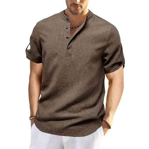Henley Shirt Herren Kurzarm Tshirt Business Einfarbige T-Shirt Arbeit Button Kurzarmshirt Mit Stehkragen Herren-T-Shirt Freizeit Atmungsaktive Sommershirt Leicht Und Luftig Khaki S