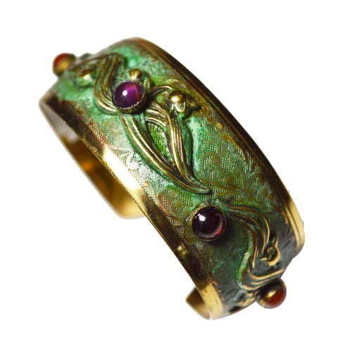 Elaine Coyne Collectible Artwear Verdigris Patina Brass Bluebells Floral Cuff - Amethyst, Carnelian, Garnet Made In Usa #TOP9