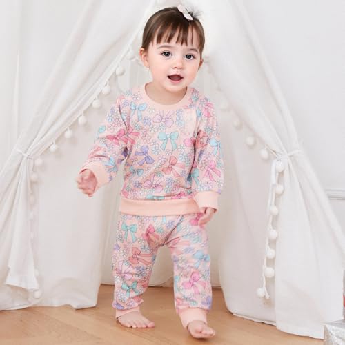 Baby Girl Fall Winter Outfits Toddler Clothes Long Sleeve Bow Printed Crewneck Sweatshirt + Pants Set2