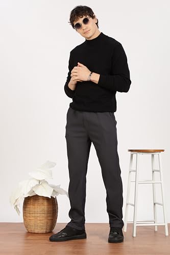 Image of Men's Regular Fit Textured Trousers with Elastic Waistband & Drawstring Closure - Casual & Smart Everyday Pants