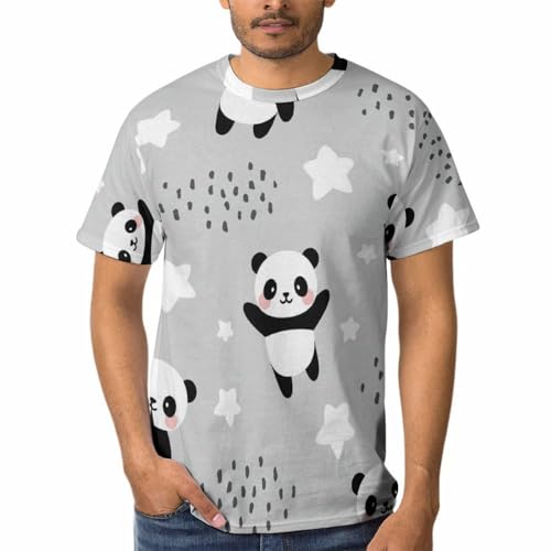 T-Shirt Panda Homme Col Rond Étoiles Grises en Coton Confortable