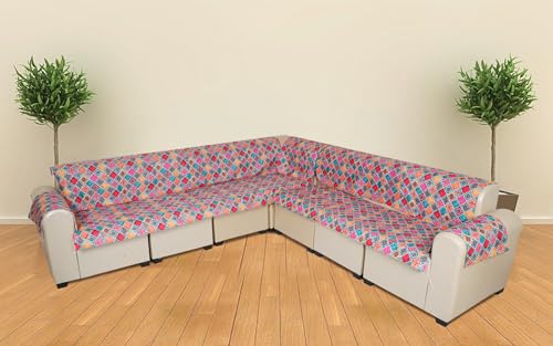 Image of l Shape Sofa Cover 7 Seater | Velvet Quilted Anti-Slip Sofa Cover Protector Covers | Sofa Cover for Living Room | Sofa Slipcovers | 3+2 (L-Shape) Diamond Delight (Bright Multicolor)