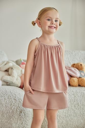 Image of Arshiner Toddler Kids Summer Clothes 2 Piece Tank Top and Shorts Set | Girl Summer Clothes 2 Piece Loose Spaghetti Strap Tank Top and Short Set Kids Clothing Sets with Pockets