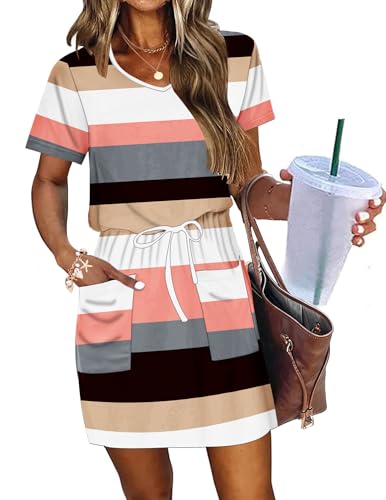 Image of AUSELILY Womens Summer Dresses 2026 Causal Short Sleeve V Neck Tie Front Mini Short Dress with Pockets