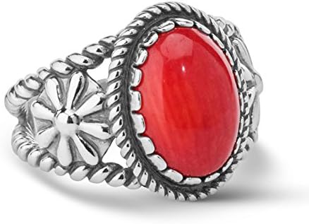 American West Sterling Silver Women's Ring Oval-shaped Gemstone Native Flower Design Size 5 to 10