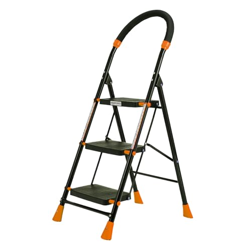 Image of Amazon Basics Curvo-Foldable Step Ladder, Ribbed Steps, Knee Guard, Non-Marring PVC Shoes, 3 Steps (Black & Orange)