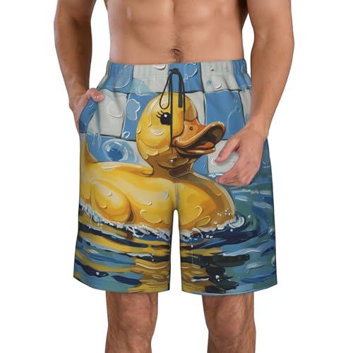 Men's Quick Dry Swim Shorts Yellow Rubber Duck Water Oil Painting Cute Beach Trunks with Pockets