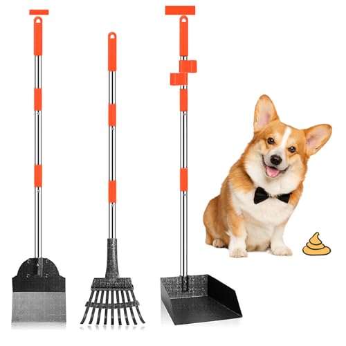 Image of Furggis 3 Pack Metal Pet Poop Scoop,Tray and Rake,Adjustable Long Handle