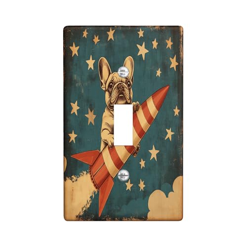 Vintage Dog on Rocket Light Switch Cover Plates/Outlet Covers, Aqua Blue Starry Night for Home Decor, Thermoplastic Wall Plates, Standard Size Single Toggle